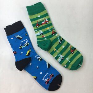 Mens Crew Socks Golf Theme Carts Clubs Flags Balls Blue Green Black White
